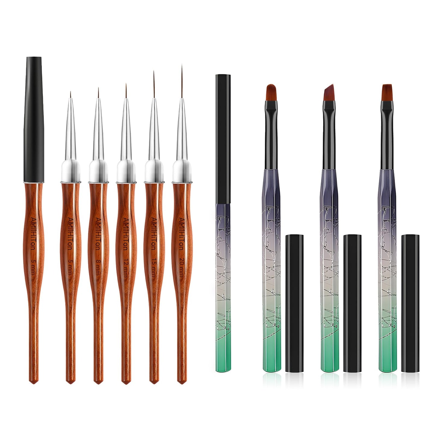 AMilHiTon 5PCS Nail Art Liner Brushes for Fine Drawing & Detailed Nail Art, 3PCS Nail Polish Remover Brush for Tidying Up Polish Mishaps on Cuticles(Green)