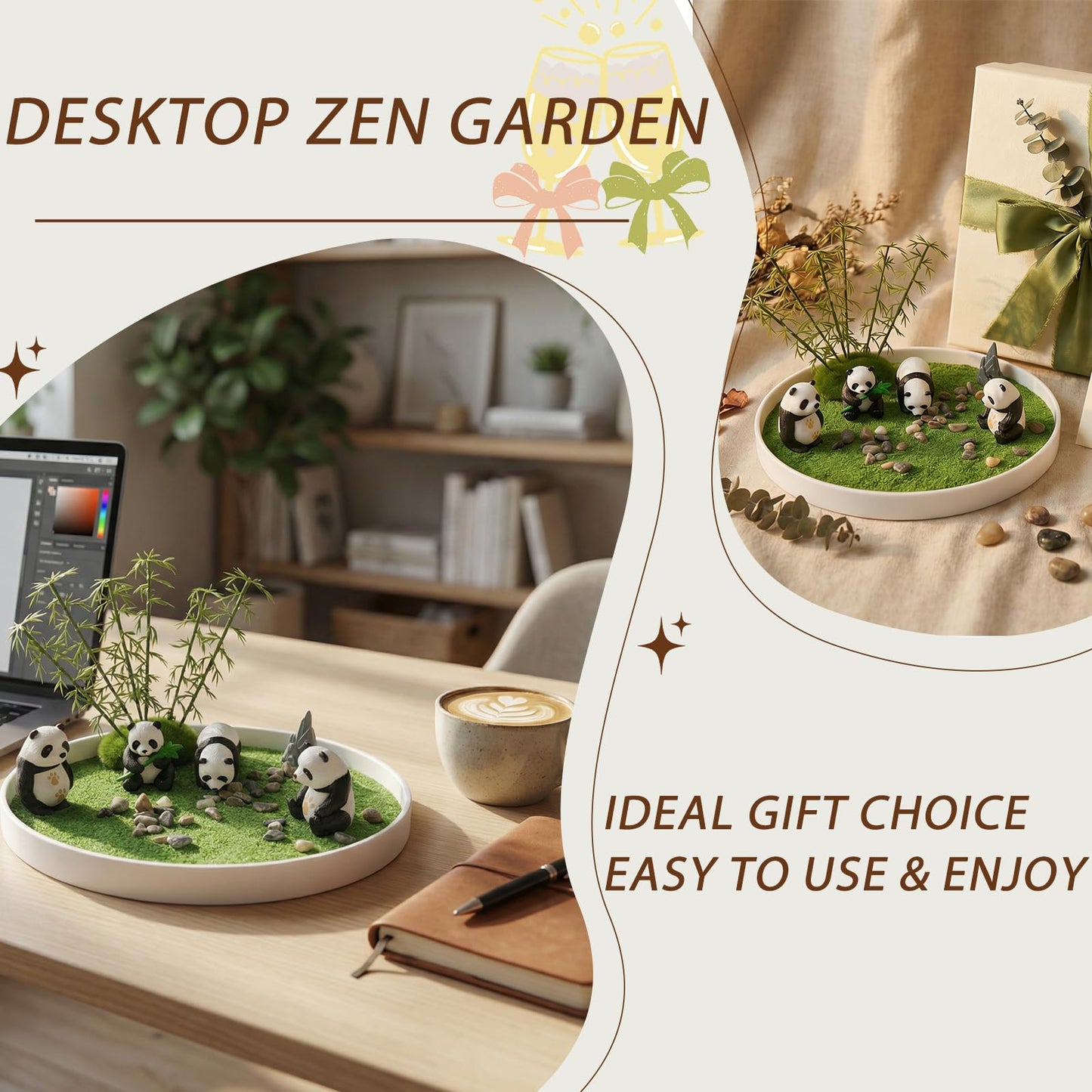 Panda Zen Garden Kit, Desktop Zen Garden,with Haystack,Rockery,Rake and Landscape Stones,for Home Office Desk Decor & Stress Relief