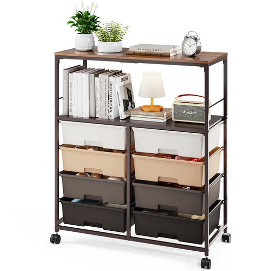 SYKIARIOL 8 Drawers Rolling Storage Cart with Wooden Top, Multipurpose Utility Cart with Opening Shelf & Lockable Wheels, Storage Drawer Cart Organizer for Home Office Craft Room Classroom, Brown