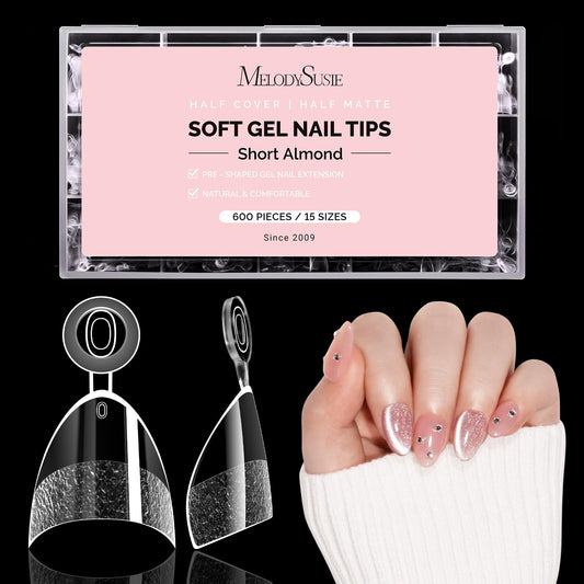 MelodySusie Half Cover Short Almond X Nail Tips - 600Pcs 15 Sizes Clear Acrylic, Half Matte Press on Nails for DIY Extension & Salon Use, Pre-Shaped for Long-Lasting Manicure
