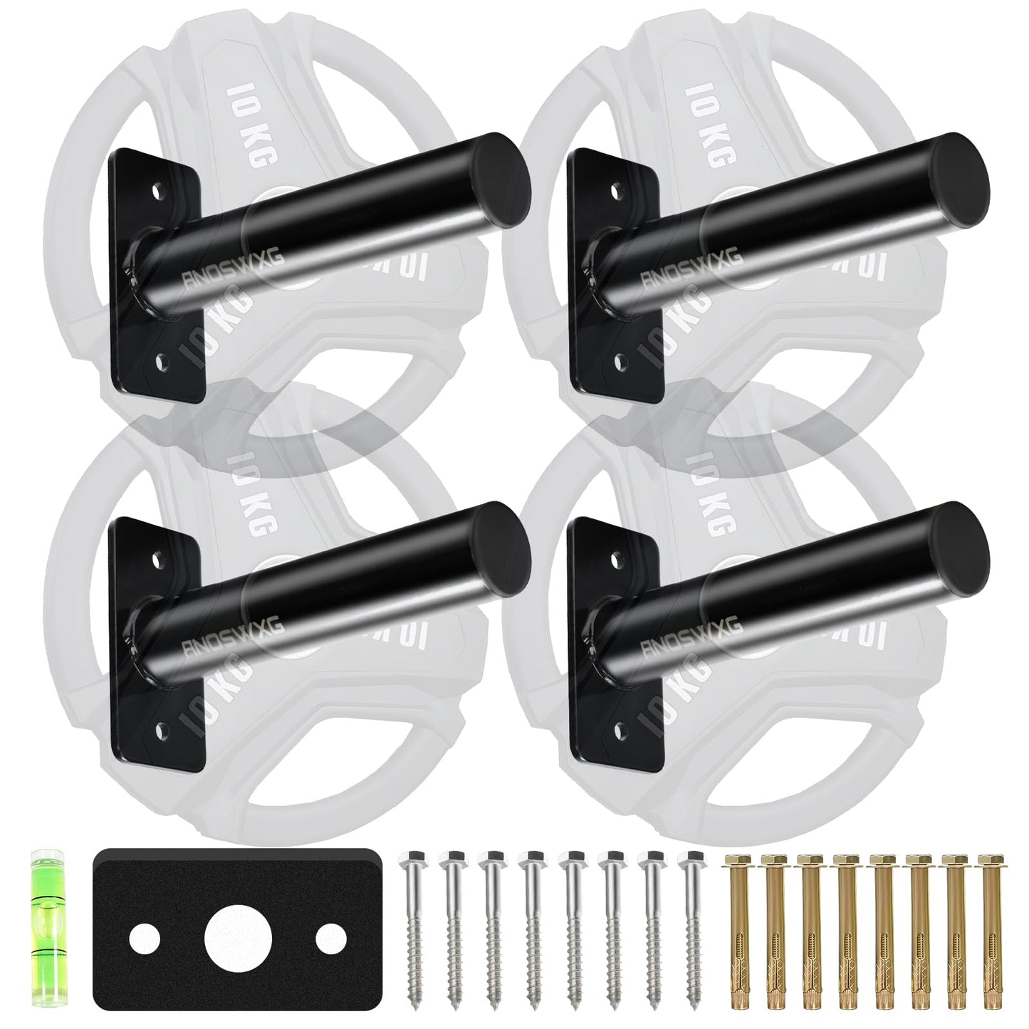 ANOSWXG Wall-Mounted Strength Training Plate Storage Rack – Heavy Duty 2” Weight Plate Holder with Foam Padding, Bumper Plate Storage for Home Gym, Garage, and Power Rack (Black-4pis)