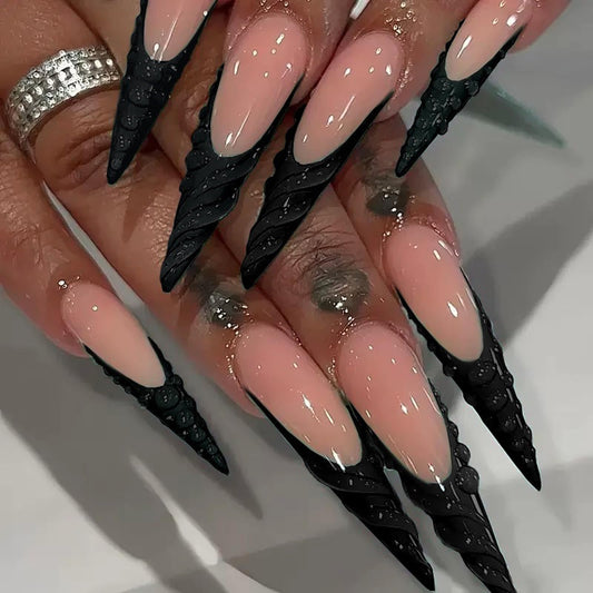 IMSOHOT Press on Nails - Long Stiletto Fake Nails Black French Tips False Nails with 3D Designs Full Cover Glossy Gel Handmade Glue on Nails Acrylic Nail Supplies