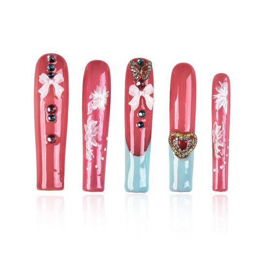 Tmani 10pc/set Extra Long Handmade Press On Nail Hot Girl's Long Ballet Nails Square Nail Full of Diamond Glitter Decoration Fake Nails Suitable For Girls Festival Parties and Birthday Gift (185,L)