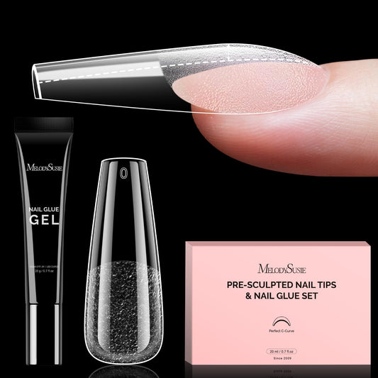 MelodySusie Long Coffin Gel Nail Tips Kit-300Pcs Pre-Building Apex Fake Nail Tips 20g Solid Nail Glue Gel,Half Matte Full Cover Clear Acrylic Nail,15Sizes Thick Strong Long Lasting for Home DIY&Salon