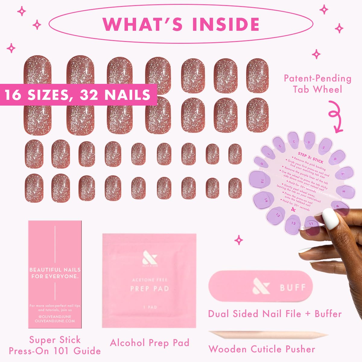 Olive & June Effects Super Stick Mani Press On Nails | Extra Short Round | No Glue Needed | 32 Tab Nails in 16 Sizes | Non-Toxic Tabs | Easy On-Off Non-Damaging Real Look | 7-Day Wear | Shacket Velvet