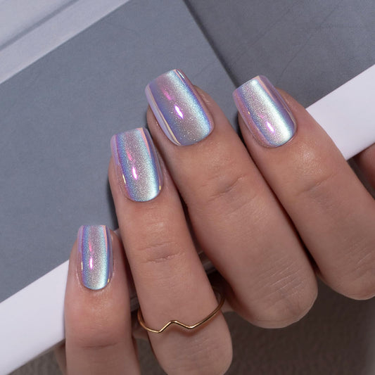 Curvlife 30pcs Soft Gel Press on Nails, Purple Chrome Cat Eye Fake Nail with Apricot Design, Full Cover False Nails Tips Glossy Nude Glue on Nails Artificial Stick on Nails for Women