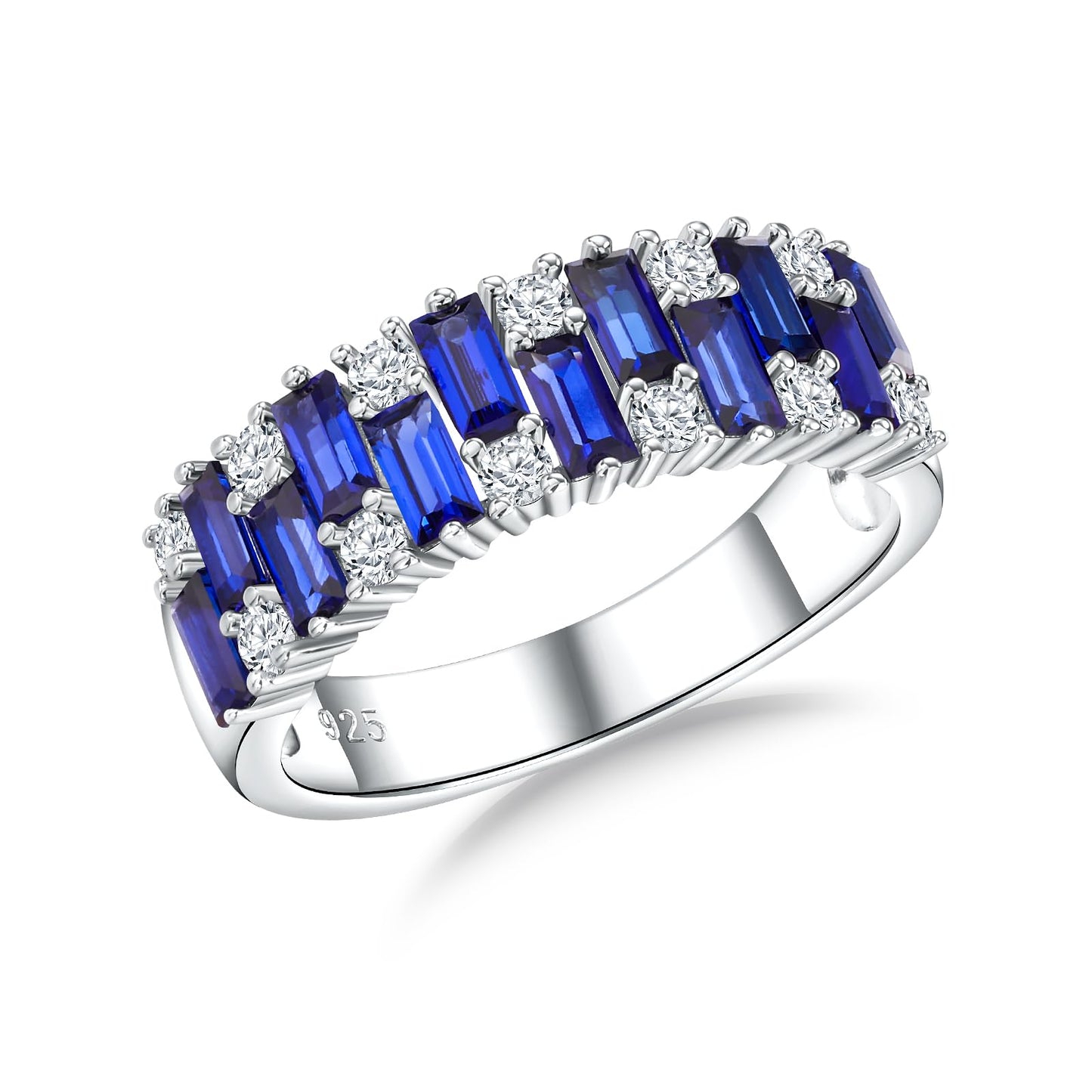 RANDES Sapphire Ring Half Eternity Wedding Bands for Women Men 925 Sterling Silver Blue Stone September Birthstone Ring Size 10