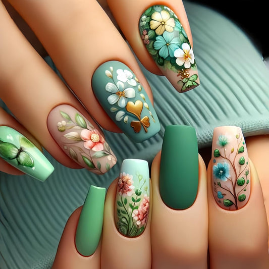 CJDLTS Green Press on Nails Medium Square Nails Flower False Nails Spring Floral Pattern Design Coffin Nails Full Cover Artificial Nails Reusable Stick on Nails 24Pcs Glue on Nails for Women