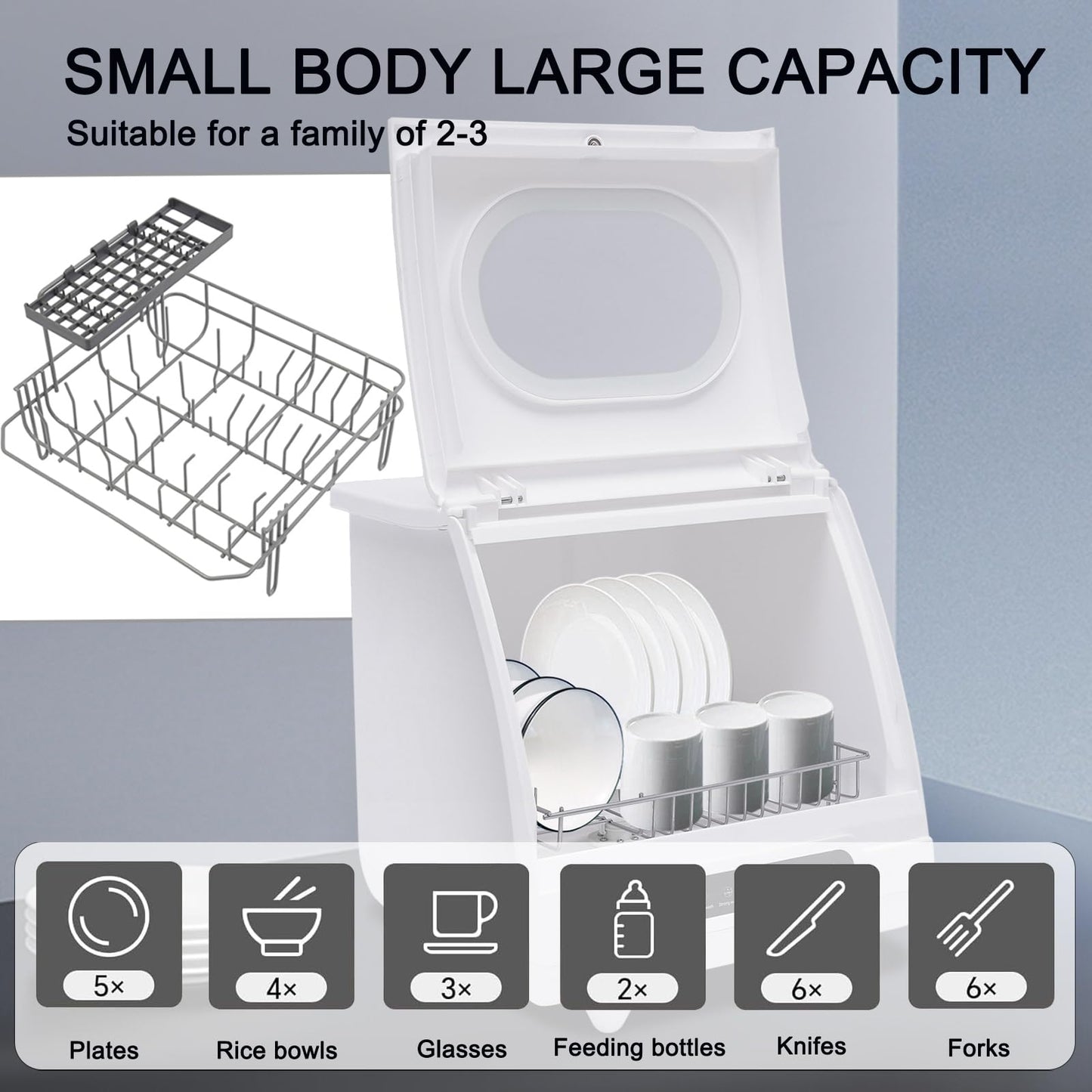 Countertop Dishwasher Portable Dishwasher with 5L Built-In Water Tank Mini Dish Washer with 5 Washing Programs and 360° Dual Spray for Small Apartments and Rvs