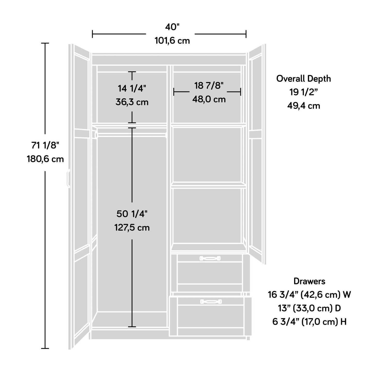 Sauder Select Multipurpose Bedroom Armoire Wardrobe Closet Pantry Storage Cabinet with Storage Drawers and Hanging Rail, in Soft White finish