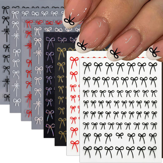 8 Sheets Bow Nail Art Stickers 3D Self-Adhesive Cute Nail Decals Glossy Black White Red Gold Aurora Bowknots Nail Designs Bow Stickers Bow Tie Nail Supplies for Women Valentines Day Accessories Decor
