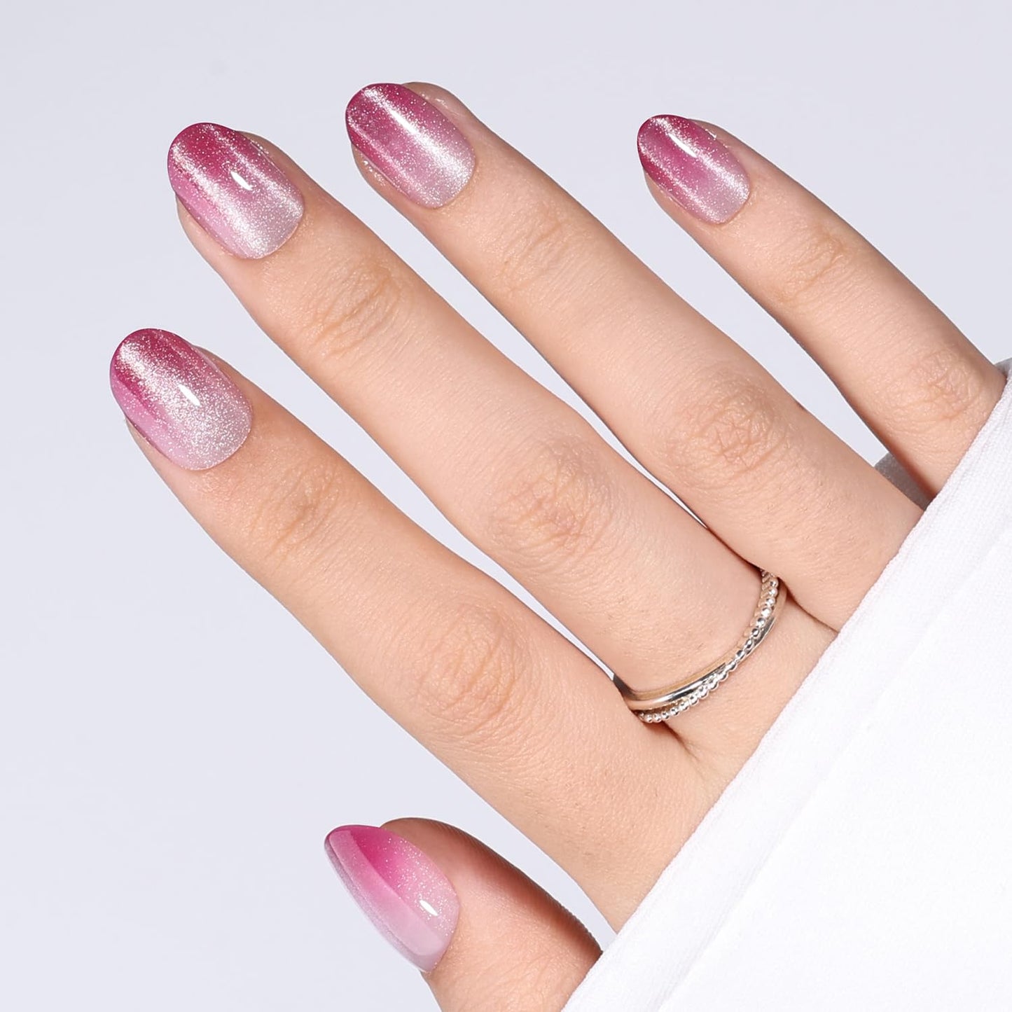 Pink Cat Eye Press On Nails Oval - Ombre Pink Short Oval Fake Nails, Red Cateye Press On Nails Reusable Stick On Nails in 16 Sizes, 32pcs False Nail Kit for Women & Girls (Fading Bloom)