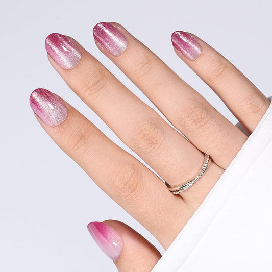 Pink Cat Eye Press On Nails Oval - Ombre Pink Short Oval Fake Nails, Red Cateye Press On Nails Reusable Stick On Nails in 16 Sizes, 32pcs False Nail Kit for Women & Girls (Fading Bloom)