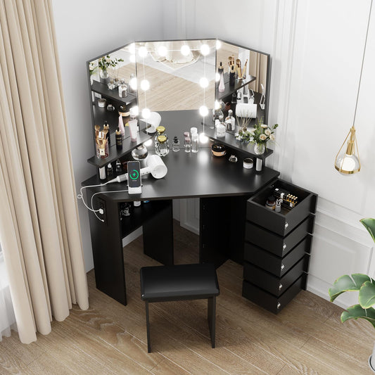 Makeup Vanity With Lighted Mirror, Vanity Desk With Power Strip, Corner Vanity Table With 5 Rotating Drawers,3 Color Lighting, Brightness Adjustable, Shelves and Stool, Dressing Table for Women Girls