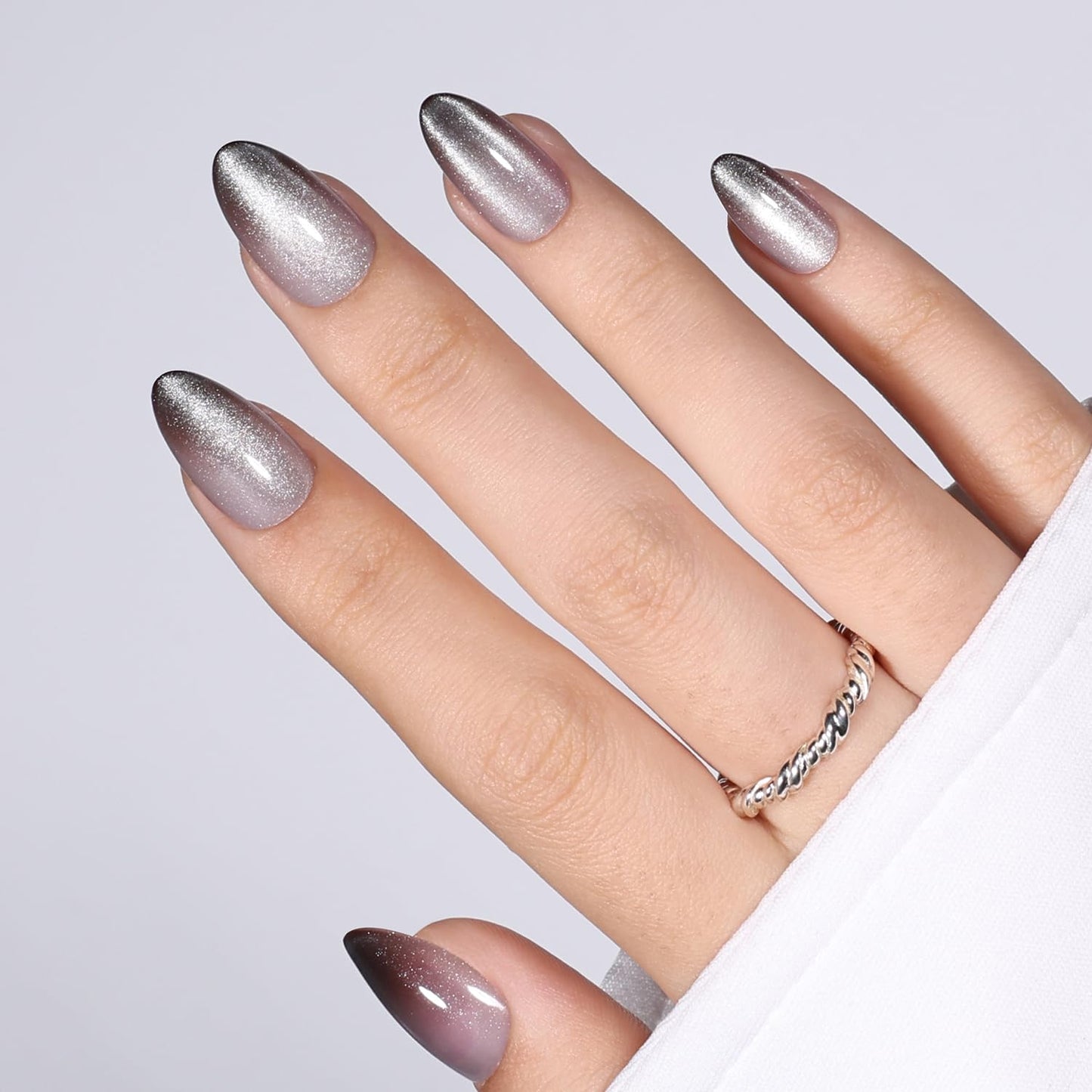 Black Cat Eye Press On Nails Almond - Ombre Black Short Almond Fake Nails, White Cateye Press On Nails Reusable Stick On Nails in 16 Sizes, 32pcs False Nail Kit for Women & Girls (Still Light)