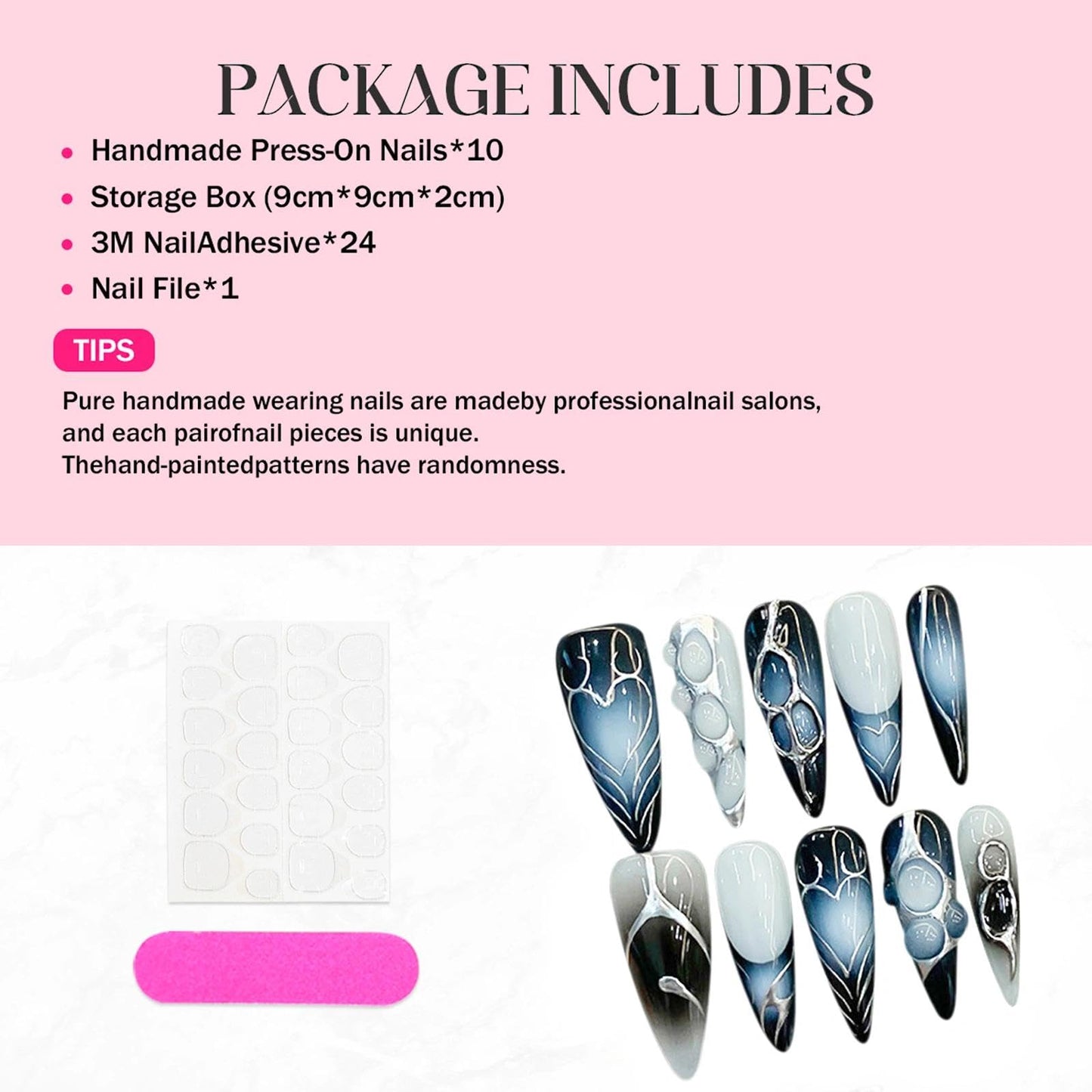 Handmade 3D Blue-Gray Metallic Stream Stiletto Press On Nails, Future Dark Tech Style Artisan Nails Set, Reusable Glossy Press-ons with Tool Kit(M)
