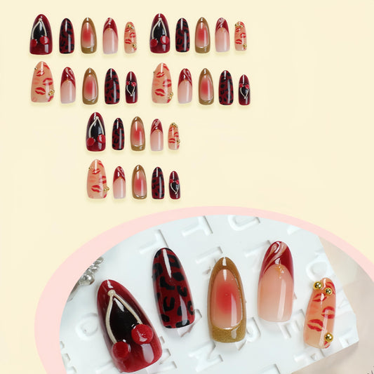 30Pcs Red Lips Cherry Press on Nails Medium Almond Shaped False Nails with Golden Beads Designs Valentines French Tip Fake Nails Leopard Lip Print Full Cover Stick on Nails for Women Manicure Kit