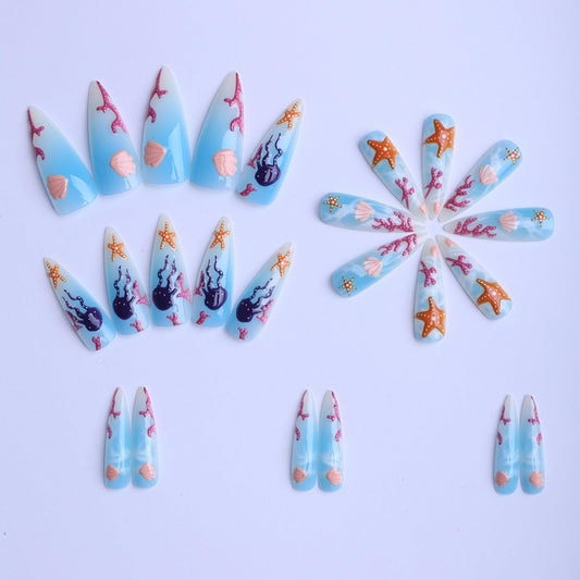 octoswave Press on Nails Long Almond Fake Nails Blue Artificial Nail Spring Stick on Nail for Women 24pcs