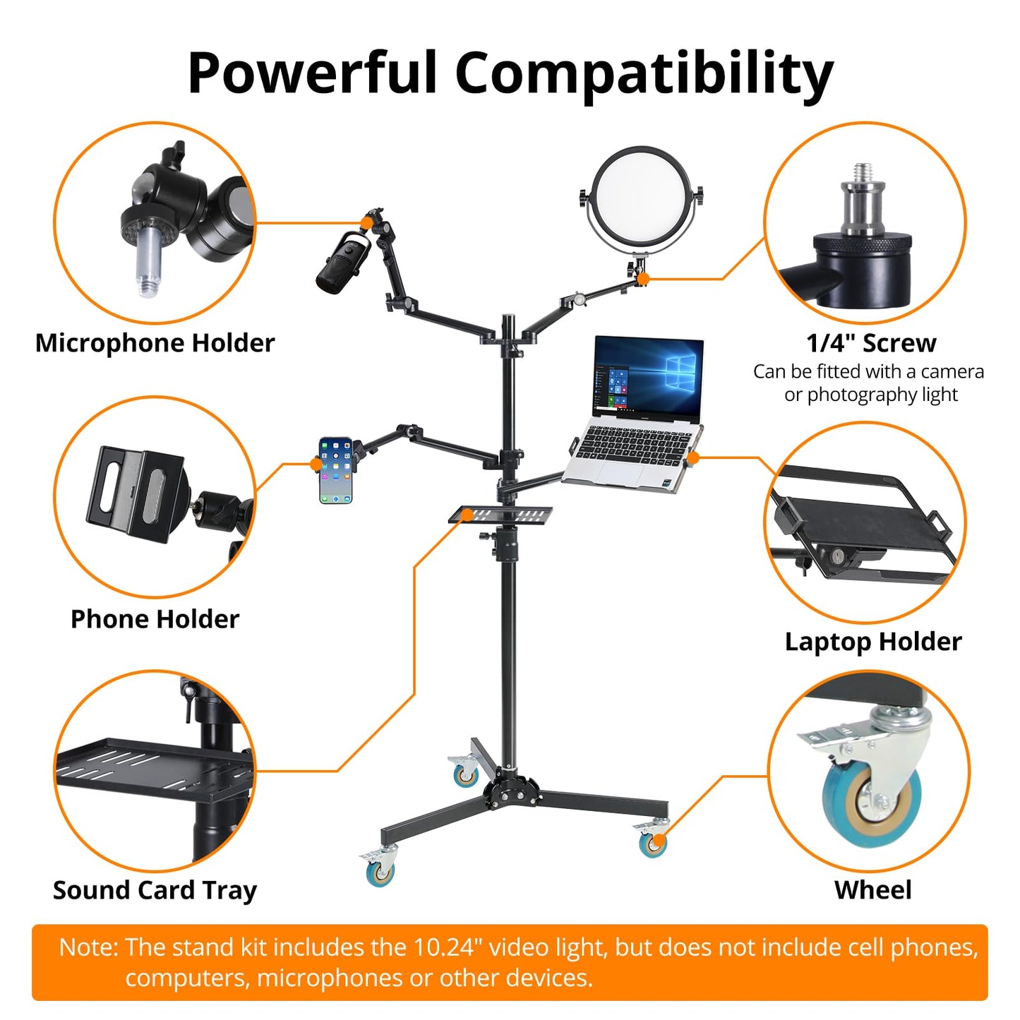 GVM 5-in-1 Movable Live Streaming Floor Stand Kit with Wheels, Overhead Camera Mount with 10" LED Key Light/Mic Boom Arm/Tablet Laptop Phone Stand/Tray for Live Broadcast Podcast Video Recording Game