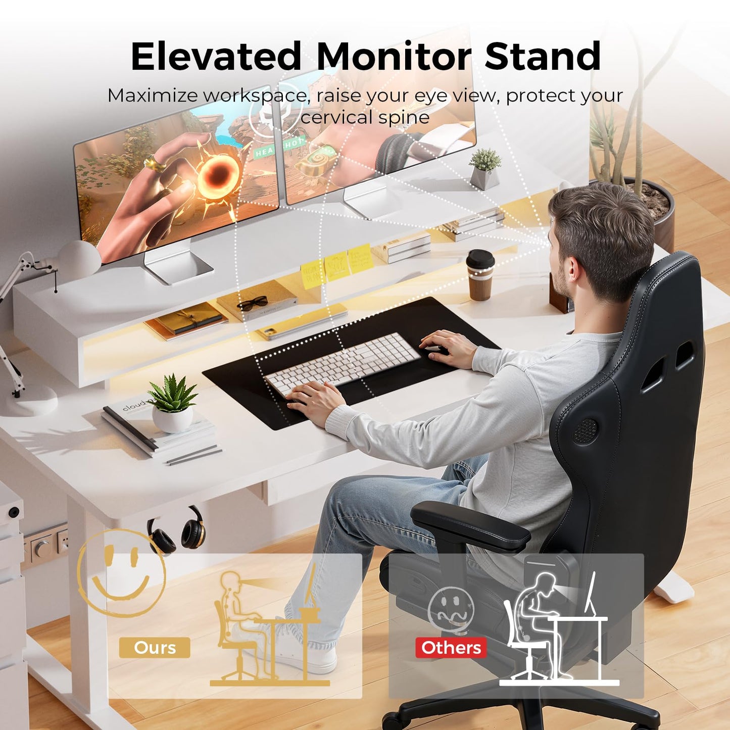 GTPLAYER Electric Standing Desk with Drawers, 48 x 24 Inch Height Adjustable Gaming Desk with Monitor Stand, Power Outlets & LED Lights, Home Office Sit Stand Up Desk with Memory Preset (White)
