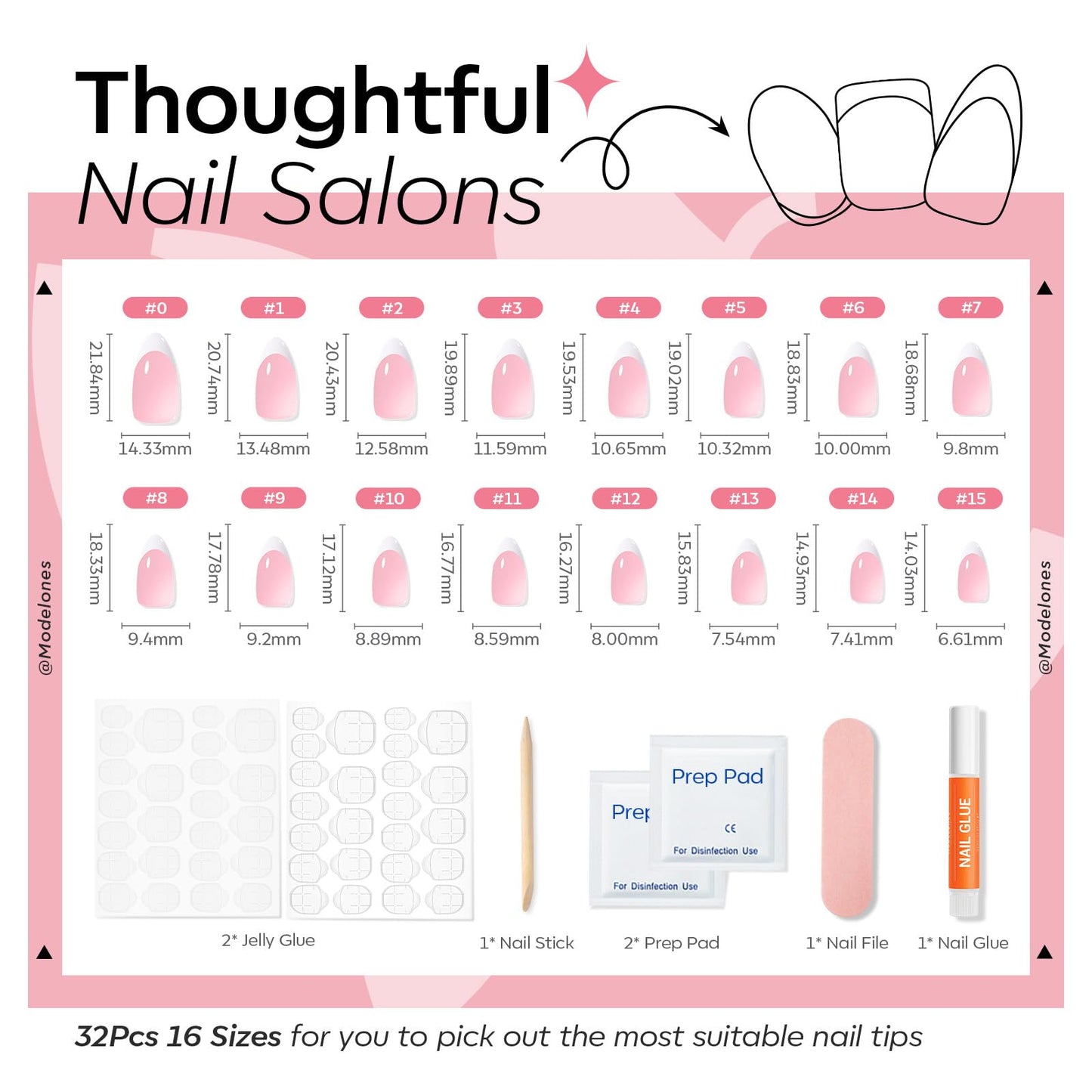 Modelones French Tip Press on Nails Almond, Summer Short Almond Fake Nails for Women, Reusable Nail Kit with Nail Glue Adhesive Tabs Mini Nail File, Nails Press Ons 32Pcs 16 Sizes
