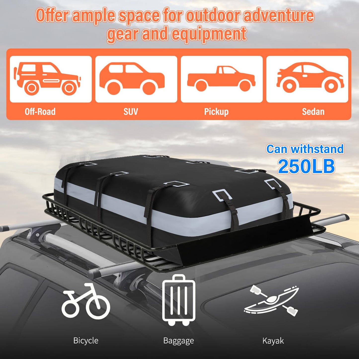 Heavy Duty Universal Rooftop Cargo Carrier Roof Rack, 64"x36"x5" Roof Rack Basket with 20 Cu.Ft Waterproof Bag, for SUV, Truck and Van, 250lbs Capacity, Corrosion Resistant (ROOF 64" and Bag)