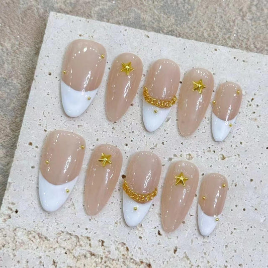Handmade Press On Nails Medium Almond Shape - 3D Gold Metallic Embellished White French Manicure False Nails, Minimalist Spring & Summer Design | Salon Quality Reusable Fake Nails (10PCS-M)