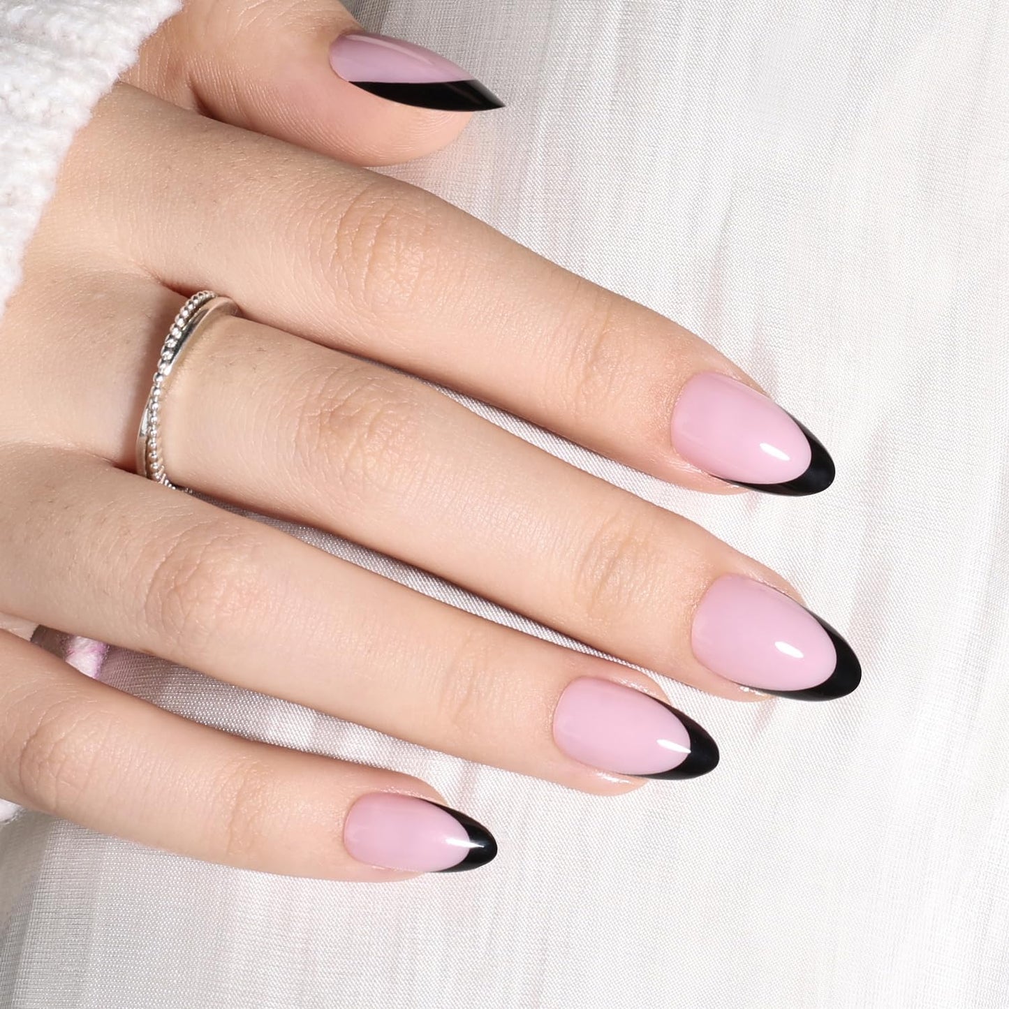 Leefrei Black French Tip Press On Nails Short Almond - Natural Fake Nails, Reusable Glue On Nails for Women, 16 Sizes 32 Pieces Nail Kit with Glue, Black French Tip - Almond