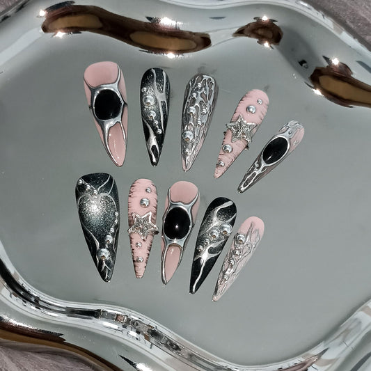 TENPAL Pink Black Press on Nails Long Stiletto,Metal Gothic Fake Nails with Punk Stars Beads,Cat Eye Glitter Edgy Y2K Ins False Nails with Tools,Sweet Grunge Irregular 3D Handmade Nails 10pcs(S)