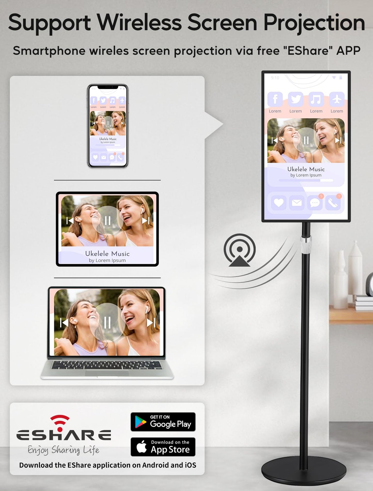 PWR4GTR 15.6" Digital Signage Capacitive Touchscreen Advertising Display with Adjustable Stand, 10000mAh Battery, Android 13 Commercial LCD Monitor with Auto Play, Wireless Screen Mirroring, 4+64GB