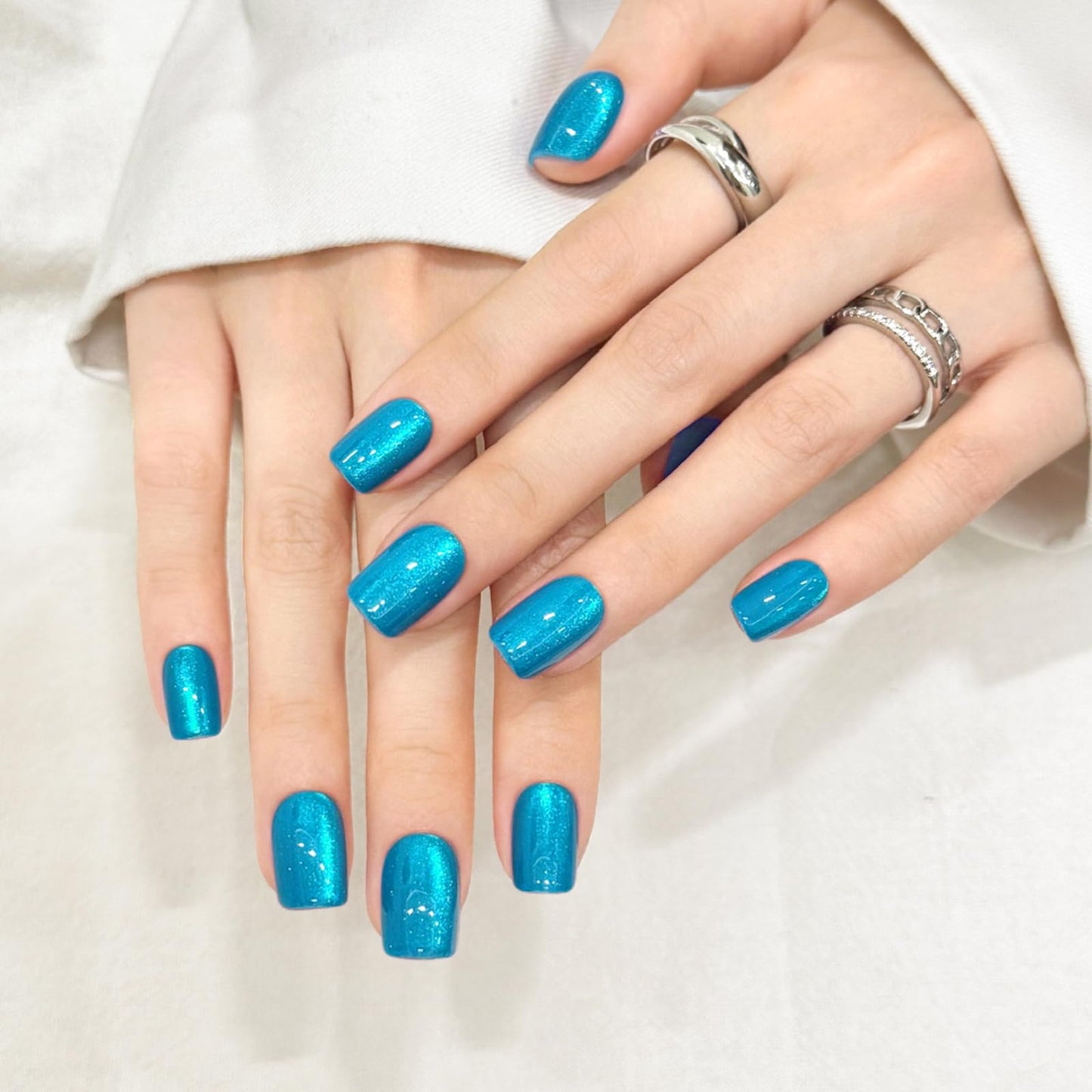Lake Blue Cat Eyes Press On Nails,12 Sizes - 24 Pcs Soft Gel Blue Short Squoval Fake Nails Kit with Nail Glue, Natural Reusable Stick On False Nails for Women and Girls SK1062