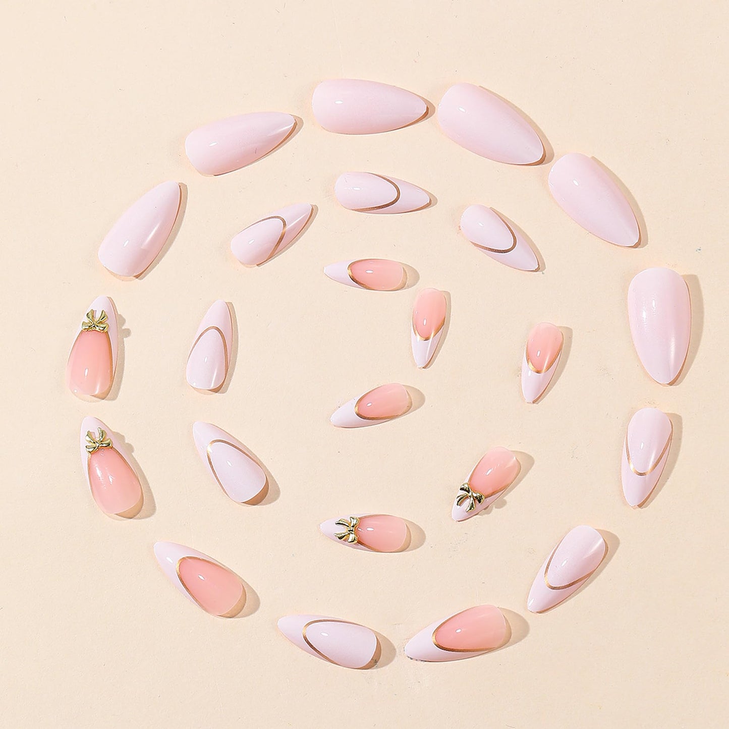 24Pcs Press on Nails Medium Almond Fake Nails,White & Nude Pink French Tip with Gold Lines & 3D Gold Bows Glossy False Nails with Elegant Bow Charms Acrylic Nails Full Cover Stick on Nails for Women