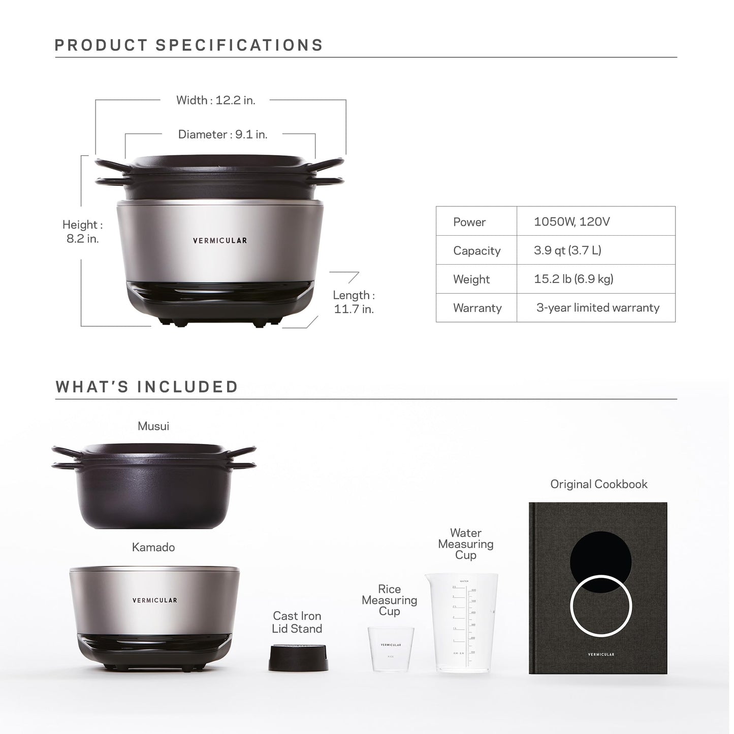 Vermicular Musui–Kamado (RICEPOT) | Cast Iron Induction Cooker | Precision Multicooker | Japanese Rice Cooker | Slow Cooker | Non-Toxic Enameled Cast Iron Pot | Charcoal | US Model (120V)