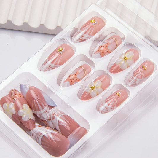 Summer Press on Nails Cute Beach Fake Nails Medium Almond False Nails Ocean Shell Starfish Acrylic Nails French Tip Nails Press ons 3D Flowers Glue on Nails for Women Nail Deco 24Pcs