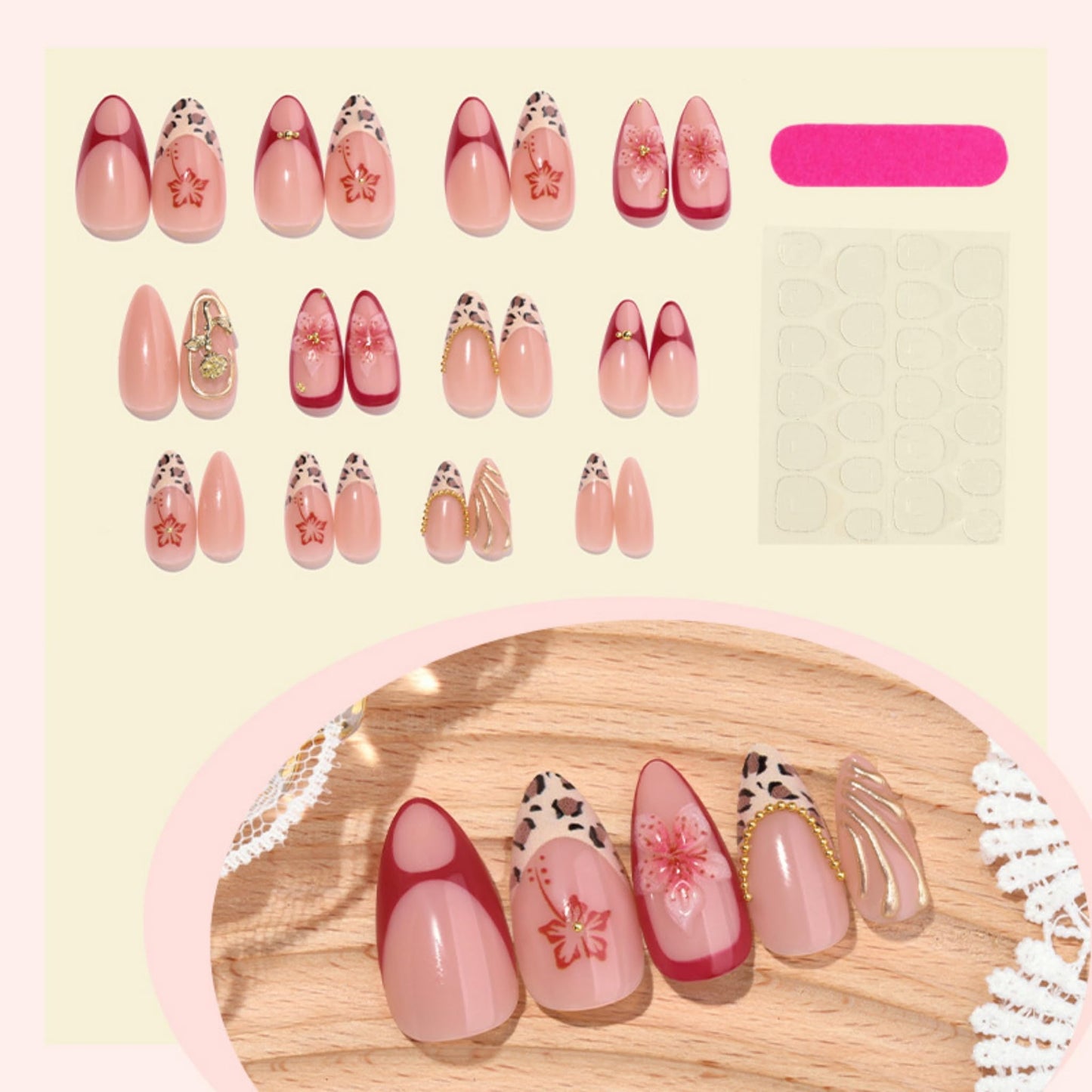 SEENEEY Almond Press on Nails Long Fake Nails Red Artificial Nail Pink Floral and Gold Charm Designs Stick on Nail for Women 24pcs