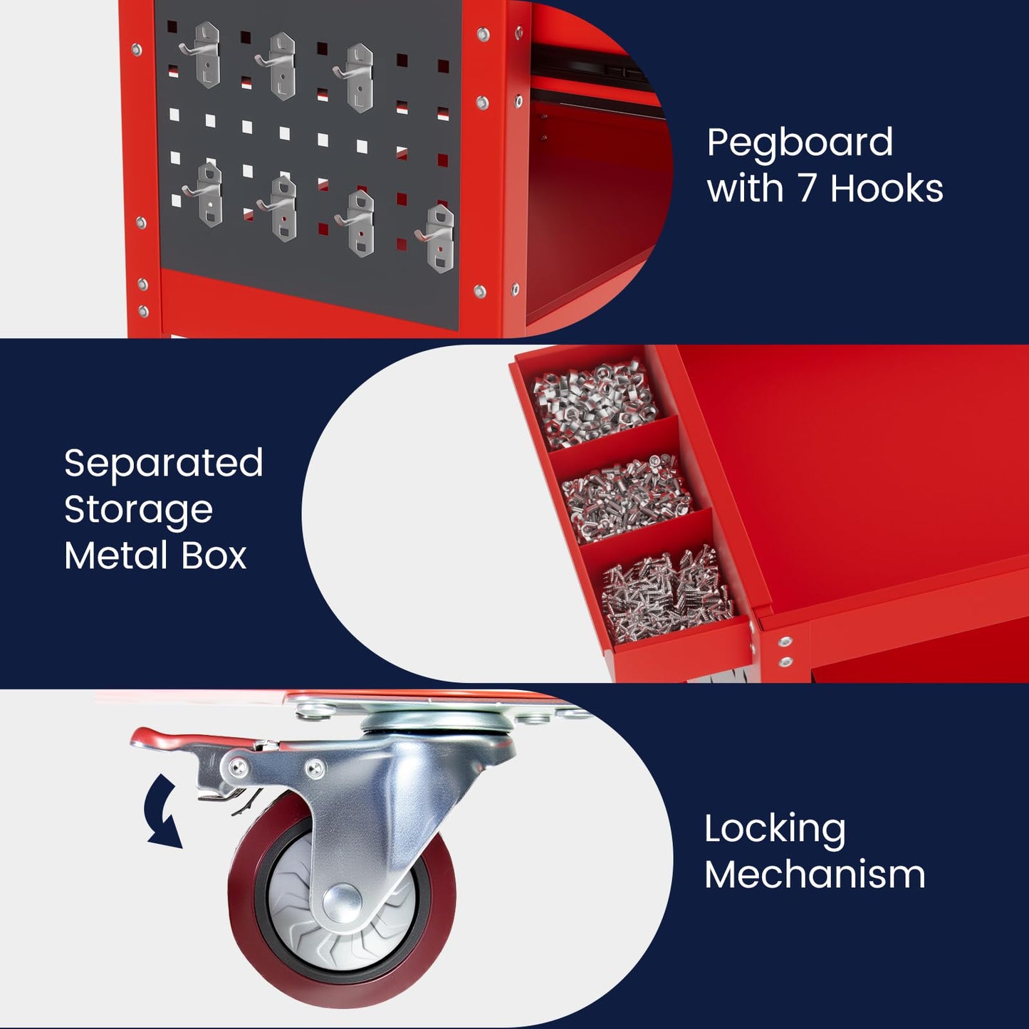 ALANNG 330 LBS Rolling Tool Cart with 1 Drawer & 3 Shelves | Heavy Duty Mechanic Cart Includes 7 Hooks, 2 Pegboards & Screw Organizer | Metal Service Cart for Garage Workshop (Red)