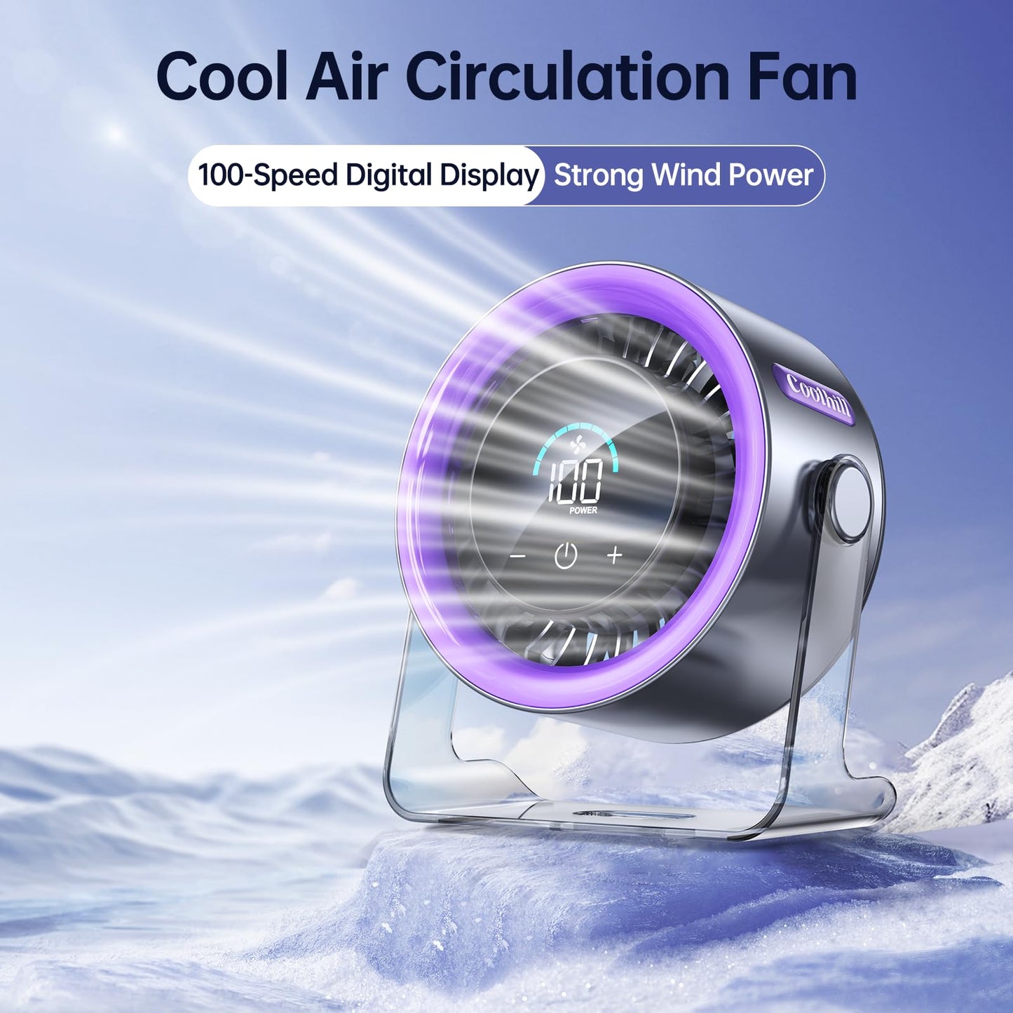 Coolhill USB Desk Fan for Bedroom: 100 Speeds Digital Display Quiet Table Fan with Turbo Airflow, 120° Rotating Small Rechargeable Battery Desktop Fans for Bedroom Home Office (Purple)