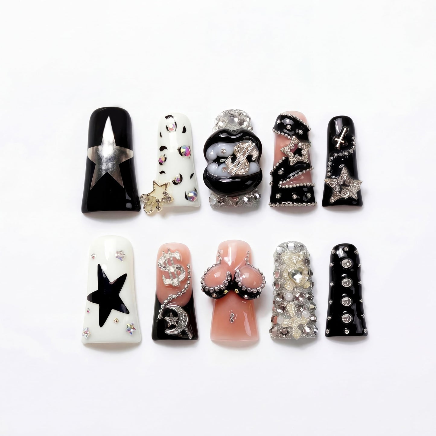 IntoVibes 10 Pieces Luxury Acrylic Press On Nails Long Handmade Duck Nails, White And Black Thickened False Nails, Exaggerated Lips And 3D Dollar Sign, Reusable Fake Nails, Acrylic Nails (M)