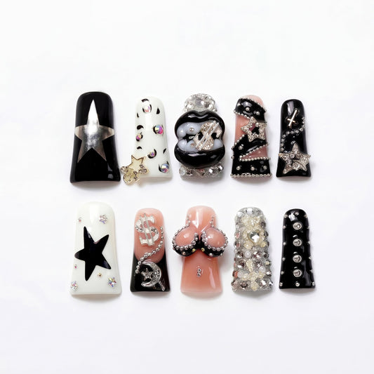 IntoVibes 10 Pieces Luxury Acrylic Press On Nails Long Handmade Duck Nails, White And Black Thickened False Nails, Exaggerated Lips And 3D Dollar Sign, Reusable Fake Nails, Acrylic Nails (L)