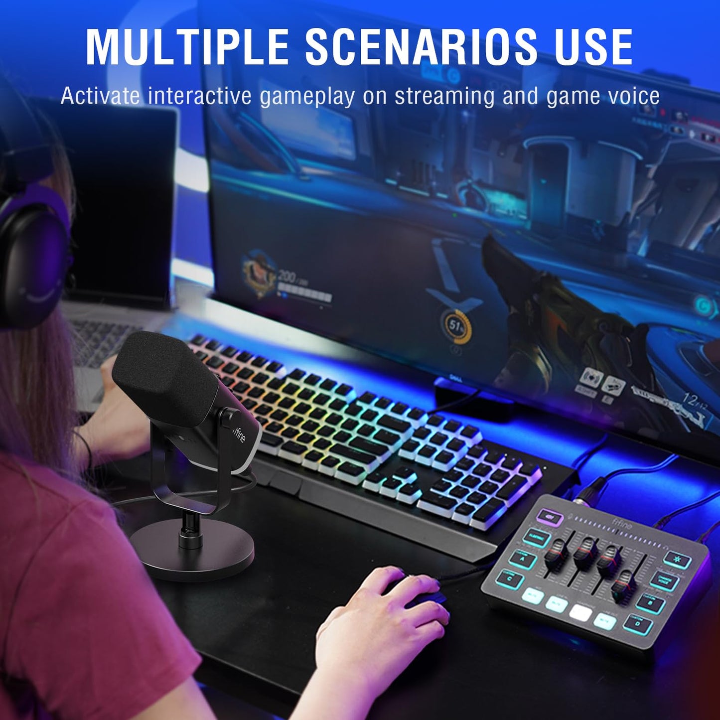 FIFINE Gaming Equipment Bundle, Dynamic XLR/USB Gaming Microphone Set with Streaming Audio Mixer for Podcast Recording Video Vocal, RGB Gamer Set with Volume Fader/XLR Interface for PC-AmpliGame KS5