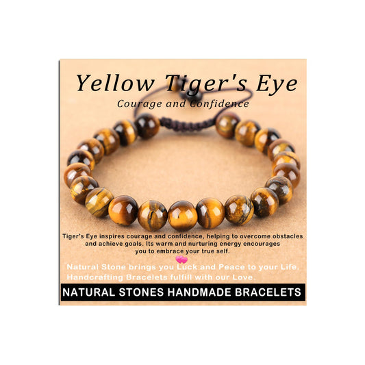 AD Beads 8mm Yellow Tiger's Eye - Courage and Confidence - Handmade Natural Stone Crystal Bracelet with Adjustable Macrame String - Yoga Healing Power Energy Gifts for Men and Women