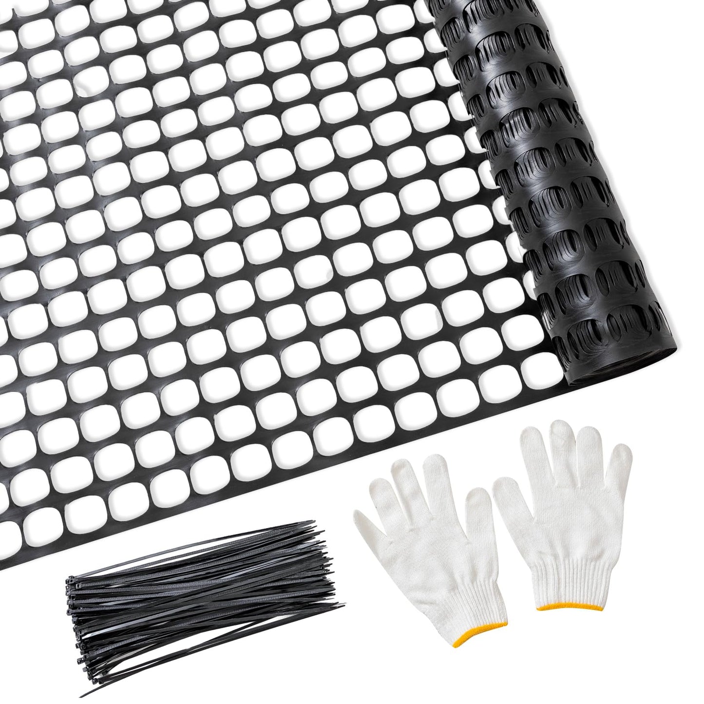 PotatoLife Plastic Mesh Fence Safety Fence, 4'x100' Roll with 100 Zip Ties, Resuable Temporary Netting for Garden Fencing, Construction, Snow Fencing, Animal Barrier, Poultry, Deer, Patio, Black