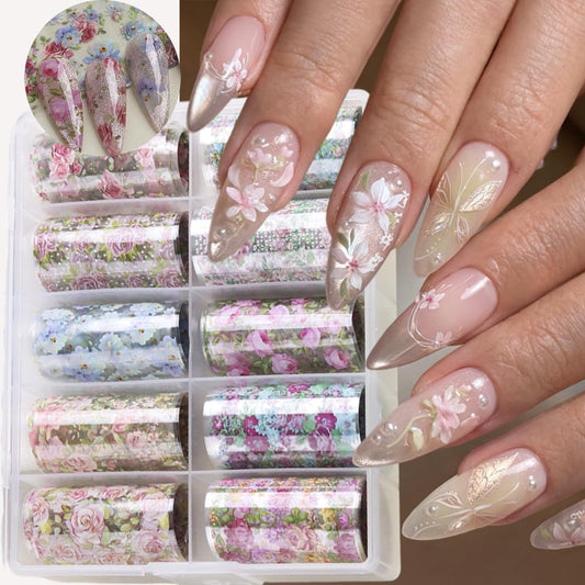 Flower Nail Art Foil Transfer Stickers 10 Rolls Spring Flowers Nail Art Foil Decals Elegant Floral Nail Art Supplies Decoration Spring Nail Transfer Foil Stickers for Women DIY Manicure Accessories