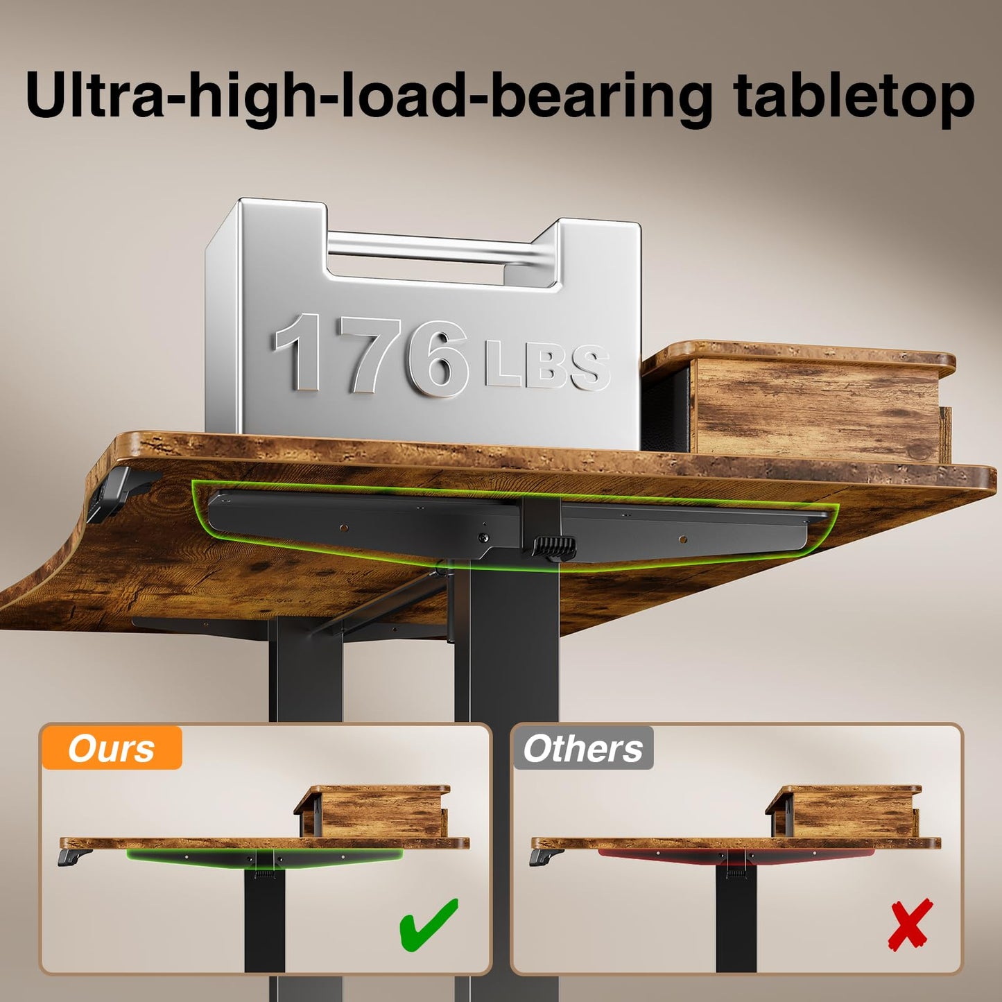Veken 47.2"×27.6" Standing Desk with Storage Drawers, Adjustable Height Computer Table with Monitor Shelf, Home Office Desk for Study, Gaming, Workstation, Brown