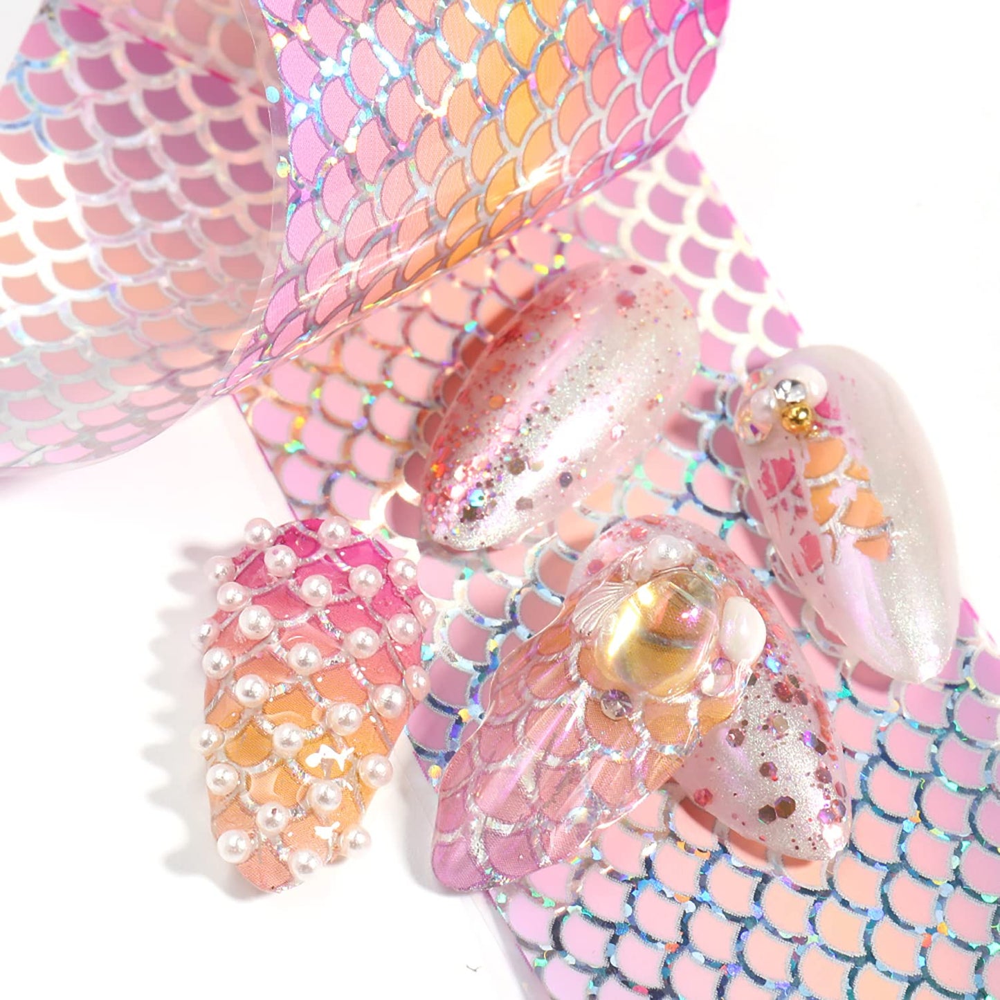 Holographic Nail Foil Transfer Stickers Decals, Fish Scales Nail Polish Sheets, Laser Line Mermaid Nail Art Designs Acrylic Nails Supplies for Nail Transfer Glue Polish, Bright Nail Film Decorations