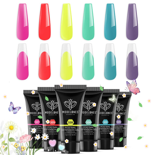 modelones Poly Nail Gel Set, 6 Colors Forever Young Collection Turquoise Purple Blue Neon Yellow Hot Pink Poly Extension Builder Gel Nail Spring Hot Summer French Manicure DIY