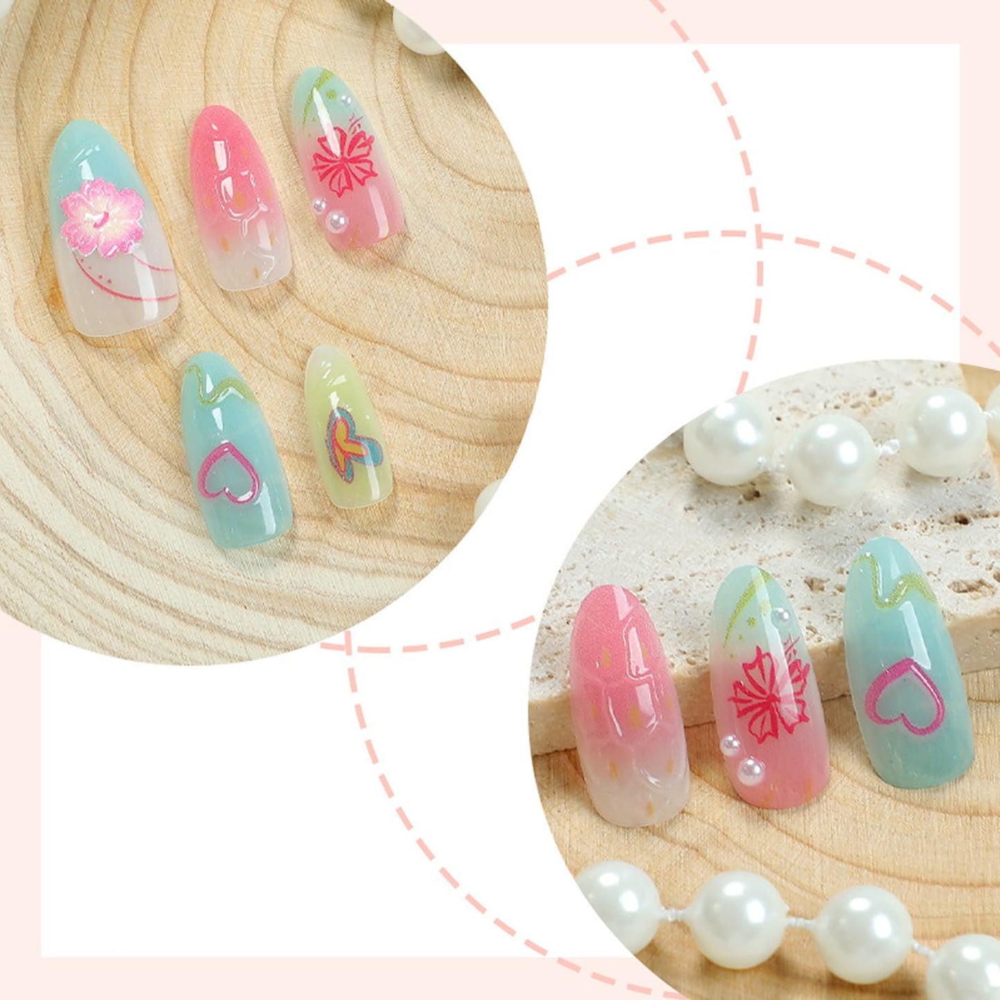 30Pcs Flower Press On Nails Medium Almond Nails With 3D Colorful Summer Sea Starfish Designs French Tips & Cute Heart Lemon False Nails Ocean Beach Press Ons Handmade Nails Pearl for Spring