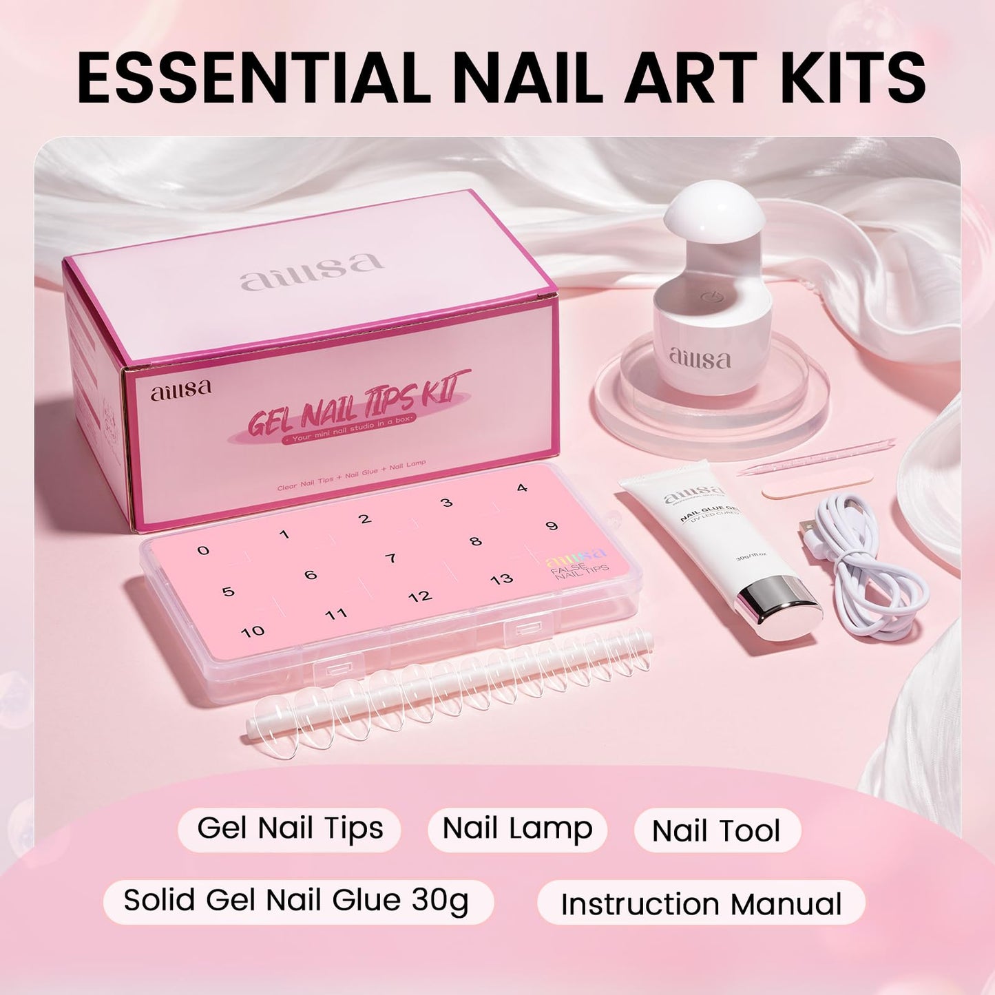 AILLSA Nail Extension Kit Medium Almond Nail Tips 224pcs, Solid Gel Nail Glue 30g for Acrylic Fake Nails, Gel Nail Tips Kit with Nail Lamp for Beginners DIY Home Salon