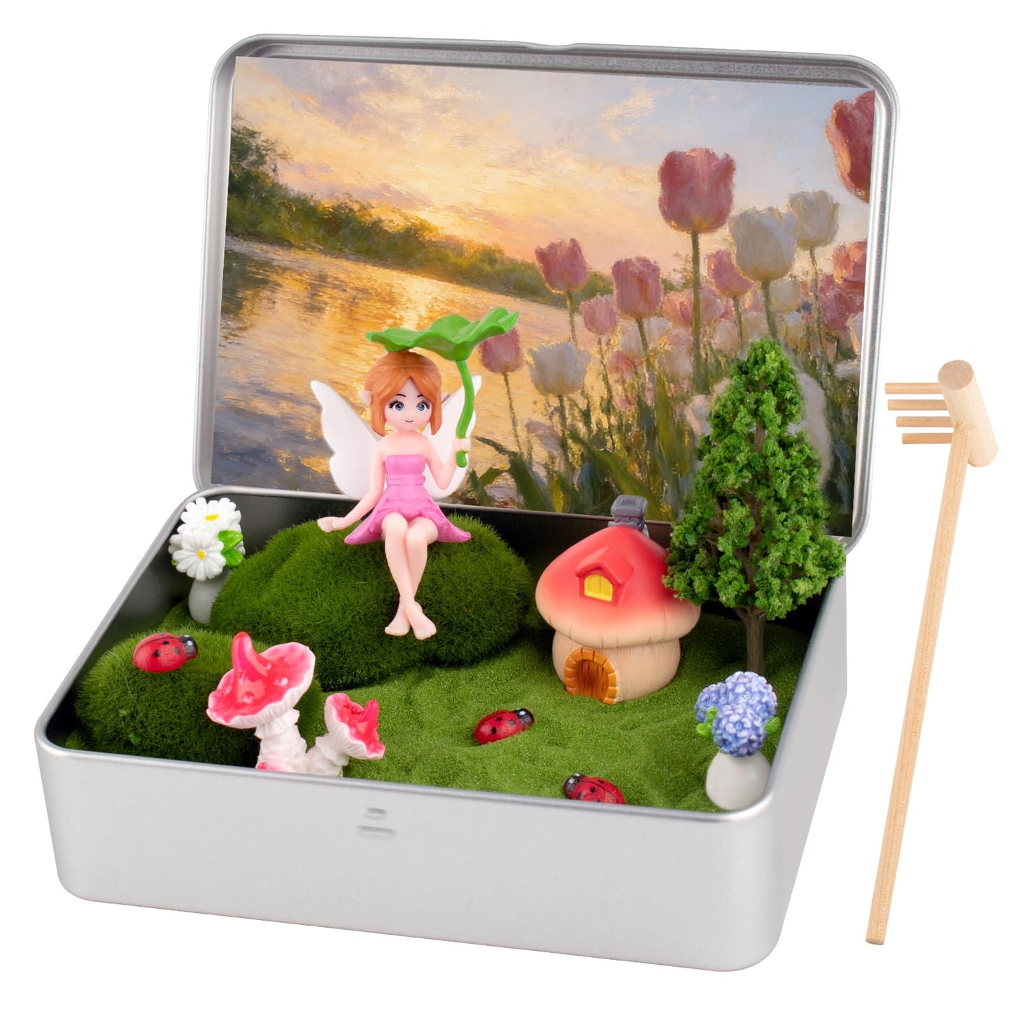 Zen Garden Kit for Desk Decor, Mini Zen Sand Garden with Tina & 1 Rake, Green Sand & 11 Accessories, Japanese Gifts for Meditation Room Office Home (Fairy Style)