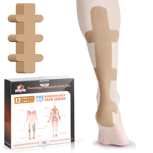 Kinesiology Tape for Achilles Tendon, KTQUICK 12 Count Achilles Tendon Tape Precut, Original Cotton Waterproof&Breathable, Enhance Elastic Kinesiology Athletic Tape for Achilles&Muscle Support(Beige)